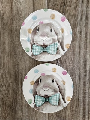 Ciroa Easter Parade Set of 2 Bunny Rabbit w/ Bow Tie 6   Appetizer Plates EUC