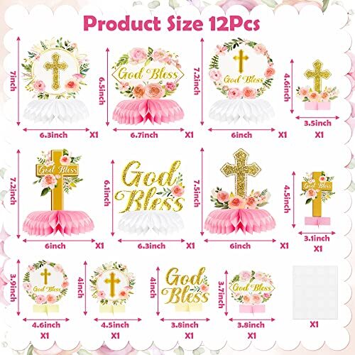 12Pcs Floral God Bless Decorations First Communion Honeycomb Pink Gold - Picture 3 of 7