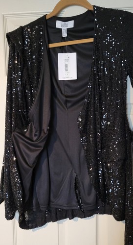 BADGLEY MISCHKA Size 0 Black Sequin V Neck Wrap Jacket Long Sleeves NWT $199 - Picture 7 of 10
