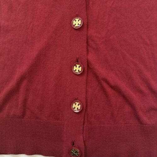 Tory Burch Size M Women’s V Neck Cotton Simone Cardigan In Brick Red Logo Button - Picture 4 of 11