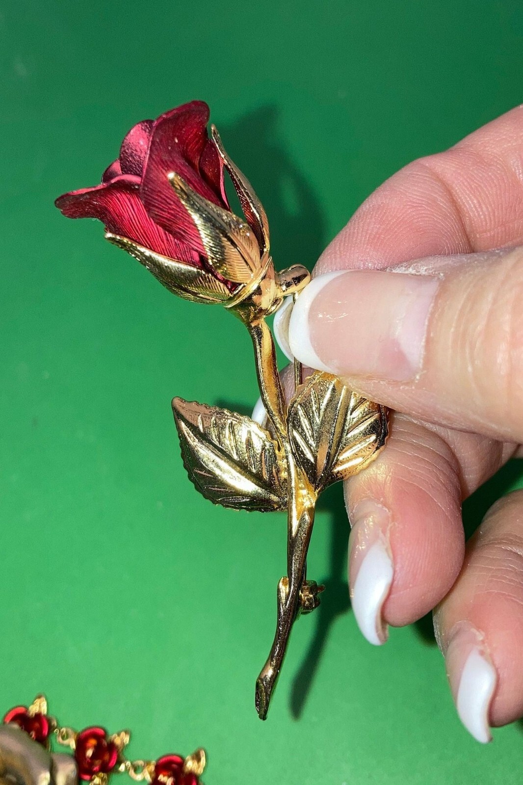 5 pc Vintage Rose Jewelry Lot, Gold Red Rose Bud … - image 5