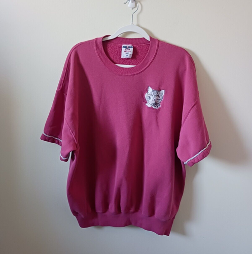 Vintage Jerzees Damen Sweatshirt 2X Rosa Pullover Katzenmotiv Kurzarm Rundhals