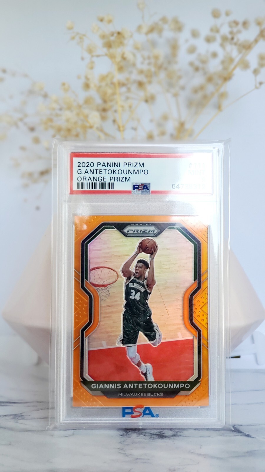2020-21 Panini Prizm Giannis Antetokounmpo SSP /49 Orange Refractor PSA 9 Mint!