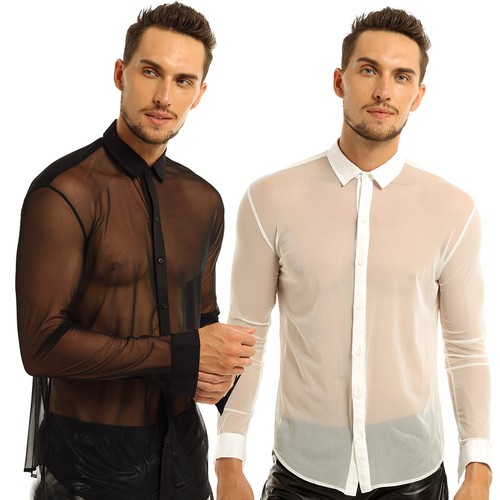 Mens Mesh See Through Shirts Long Sleeve Transparent Tee Top T-Shirts Club Wear