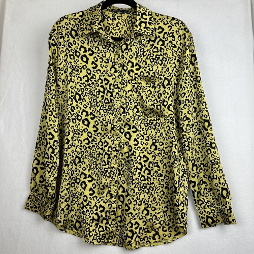 Nasty Gal Button Up Shirt Blouse Sz 8 Relaxed Yellow Leopard Print Silky