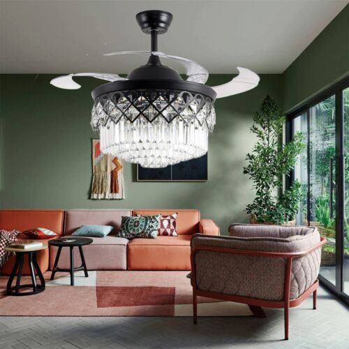 42" Ceiling Fan with Lights Retractable Pendant Fandelier Crystal Ceiling Fan