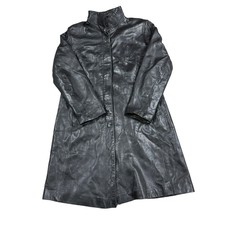 Vintage Helium Real Leather Trench Coat Jacket Y2k Retro Button Black Womens Xl