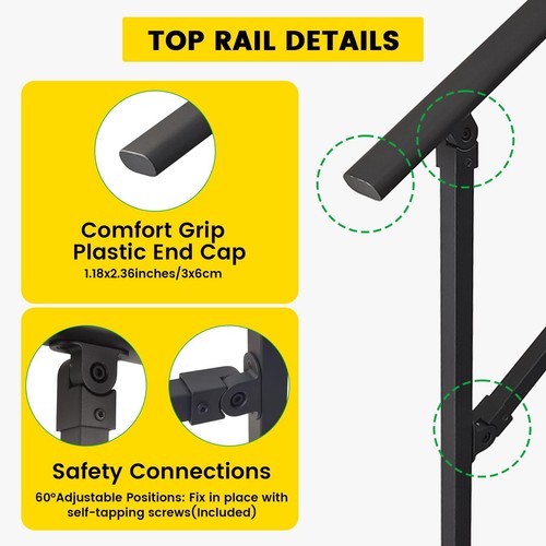 Iron Handrail Adjustable 0-60° For 3-4 Steps Stair Railing Outdoor Black - Picture 3 of 7