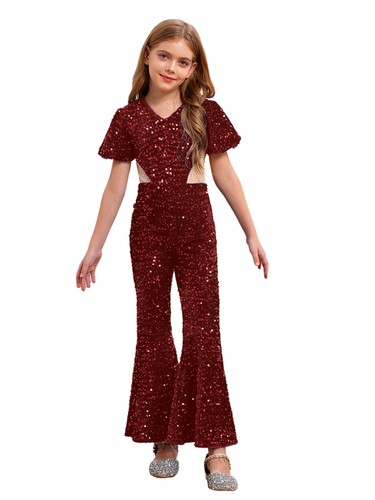 Kid Girls Shinny Sequin Romper Gown Invisible Mesh V-neck Bodysuit Wedding Party - Picture 22 of 66