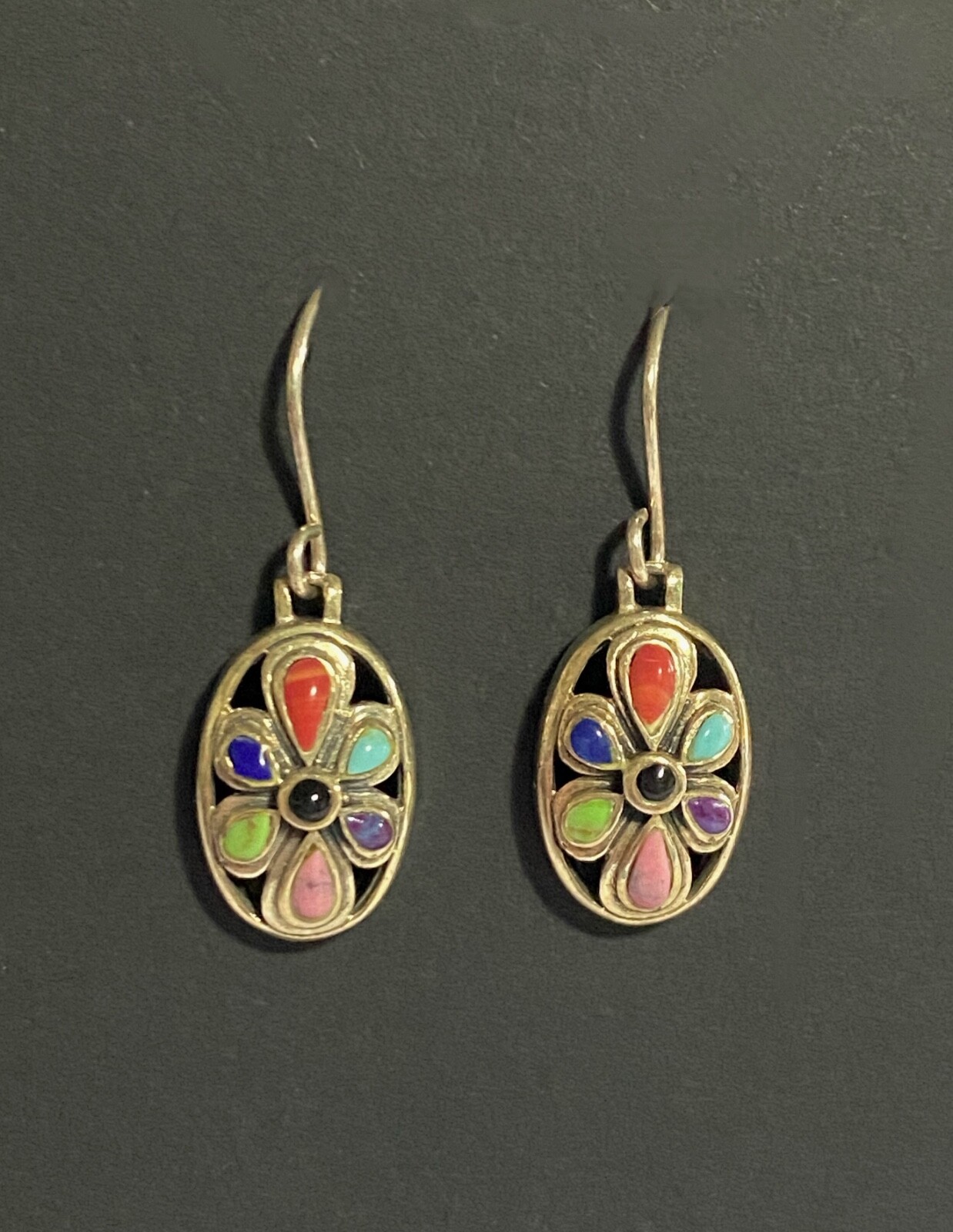 Vintage Sterling Silver 925 Multi Gemstone FLORAL Dangle Drop Pierced Earrings