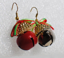 Handmade Jingle Bell Red Silver Christmas Dangle Earrings Red Green Bow