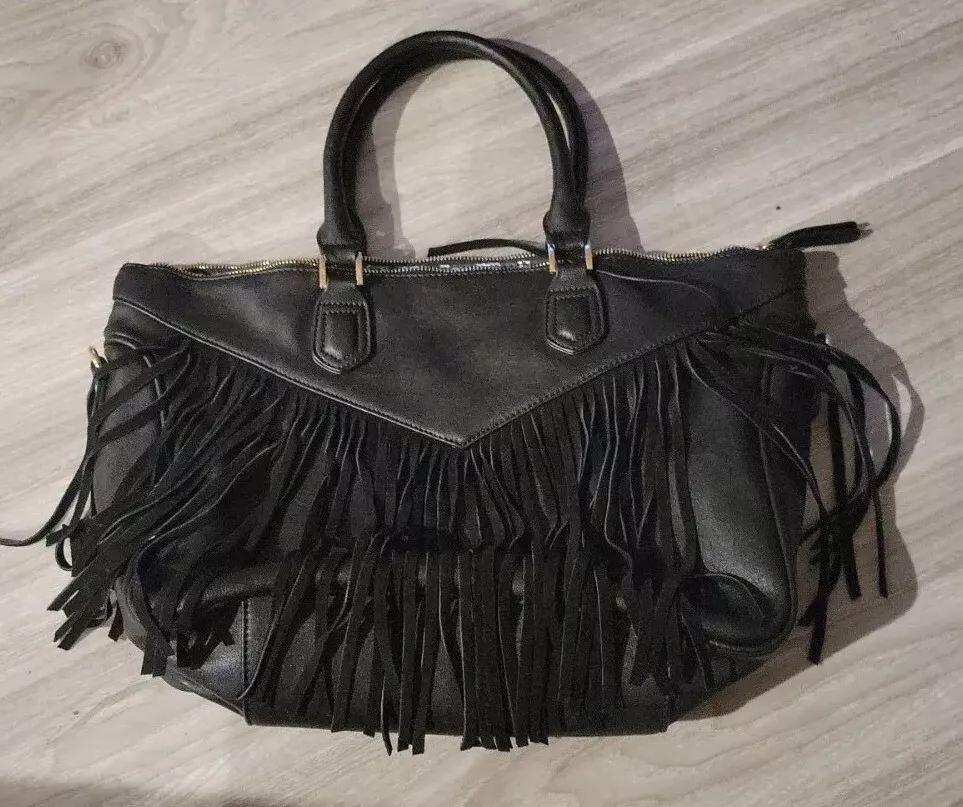 Womens Moda Luxe Large Black Fringe Bag Purse Handbag Tote No Crossbody  Strap