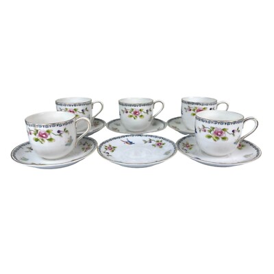 Antique Noritake NIPPON Hand Painted Small Teacups & Saucers Floral Bird Japan 6