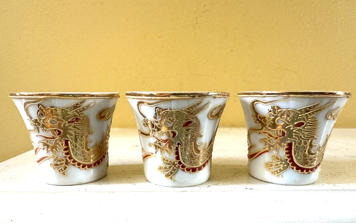 3 Vintage Japanese Sake Cups - Gold Dragon Ware with 3 Vintage Japanese Sake Cups - Gold Dragon Ware with