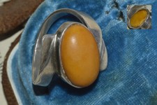ANTIQUE RING NATURAL stone Baltic Amber Russian Sterling SILVER 925 EGG VTG     