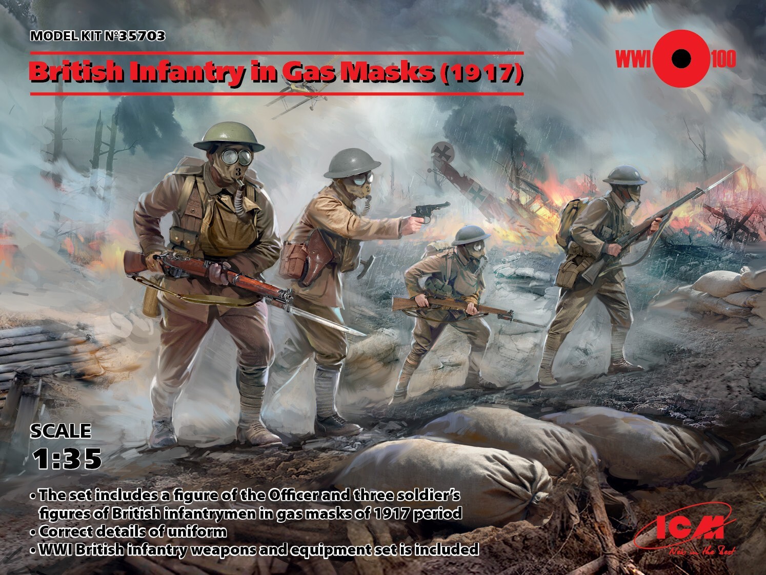 British Infantry In Gas Masks (1917)  (4 Figures) 1:35 Plastic Model Kit ICM