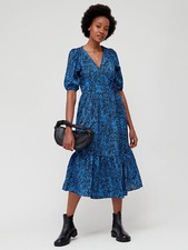 Brave Soul Wrap Midi Dress Black Blue Print Wrapover Animal S / UK 8 💖 BNWT