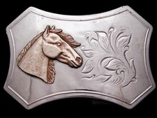 JA27119 VINTAGE 1970s  BRASSTONE HORSE HEAD  SILVERTONE WESTERN BELT BUCKLE