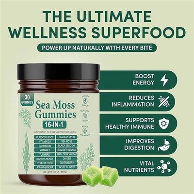 16 in 1 Organic Sea Moss Gummy | Irishmoss Extract 6000Mg | Green Apple Flavor