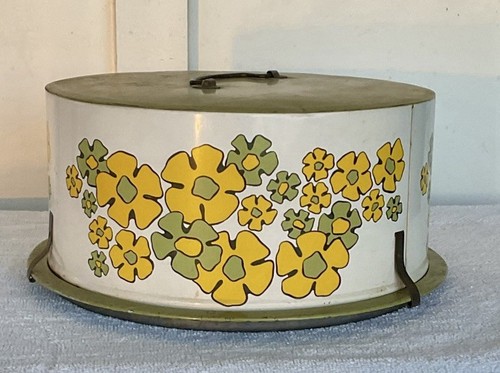 Vtg Metal MCM Cake Cover Pan Green White Yellow Green Flowers Ballonoff 10x6Used - Picture 3 of 15
