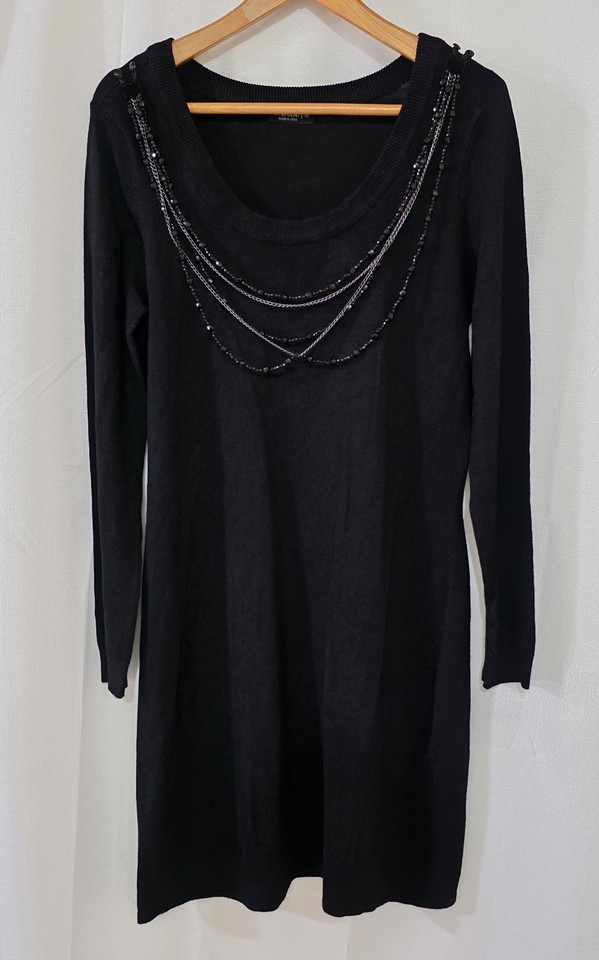Impulse Black Solid Knit Bodycon Dress Round Neck Long Sleeve Beaded Chain Sz 16