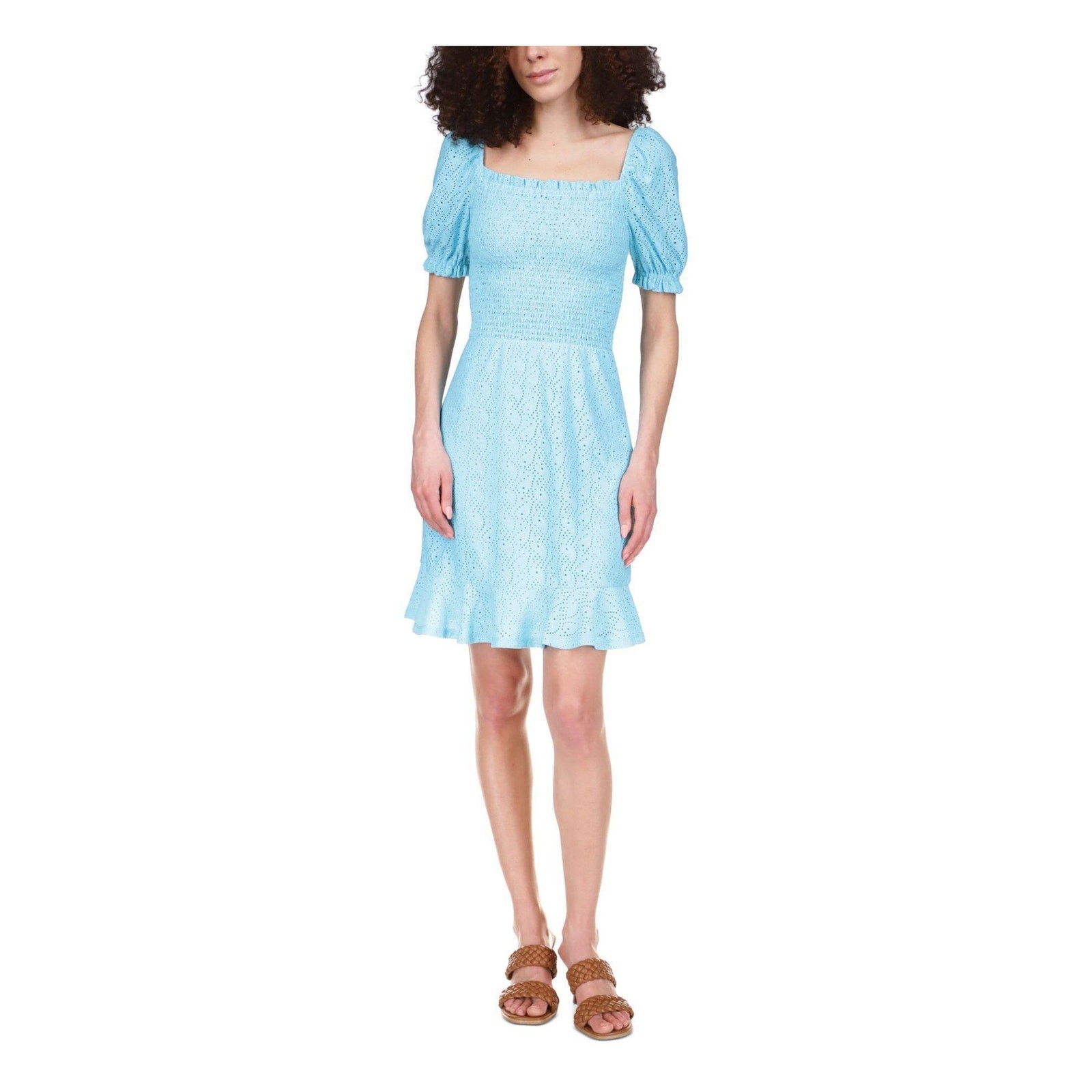 Michael Kors Women Turquoise Eyelet Stretch Jersey Smocked Peasant Dress Size XL
