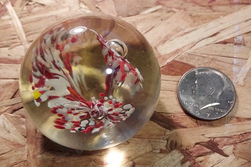 Vintage 2 1/2 inch Handblown Glass Paperweight Flower Design RED and WHITE