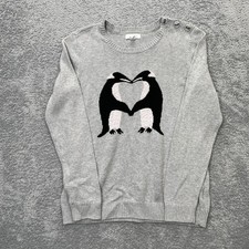 Charter Club Sweater Womens Small Gray Kissing Penguins Cotton Tight Knit Ribbed