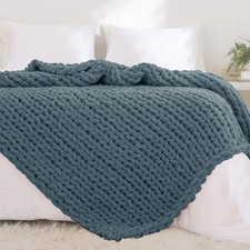 Chunky Knit Throw Blanket for Couch, 51"x63", 100 Hand Knitted Thick Cable K...