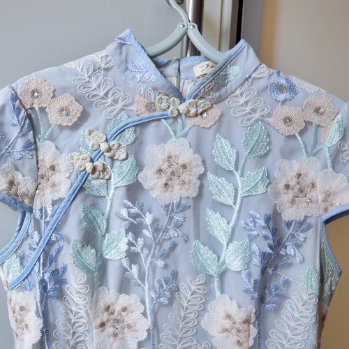 Blue Mesh Flora Embroidery Qipao Midi Aodai Dress - Chinese Cheongsam