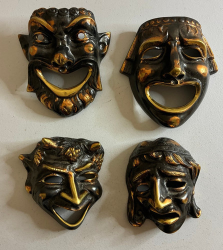 Vintage Small Greek Bronze Comedy Laughing Wall Hanging Mask - 4" Set Lot of 4x