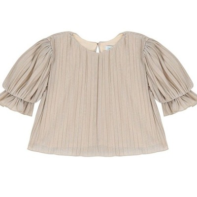 ABEL & LULA Juniors Beige Metallic Puff Sleeve Plisse Cropped Blouse Size 12