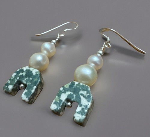 Freshwater Pearl Earrings Sterling Silver Natural Green Gemstone Shape Bead 42mm - Picture 2 of 4