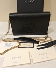 Gucci Soho Black Leather Wallet Gold Chain Strap New with Tags and Box