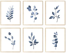 Navy Blue Botanical Wall Art Set of 6 Unframed, Minimalist Abstract Botanical...