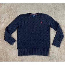 Polo Ralph Lauren Boys S 8 Navy Blue Cable Knit Crew Neck Sweater Red Pony Logo