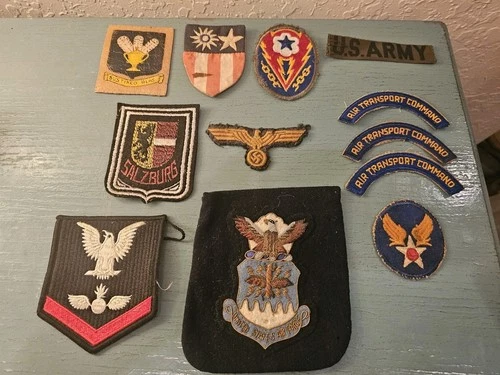 Vintage Lot Of (12) WW2 Military Patches, Leather & Fabric-Very Good