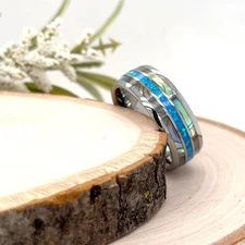 8mm Polished Silver Tungsten Ring Blue Opal Inlay & Abalone Shell Christmas Band