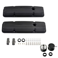 Black Finned Short Valve Covers Breather Combo For 1958-1986 Sbc Chevy 350