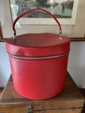 Vintage Hat Wig Box Luggage Travel Carry Case Retro Red Round Zipper MCM 9x11  