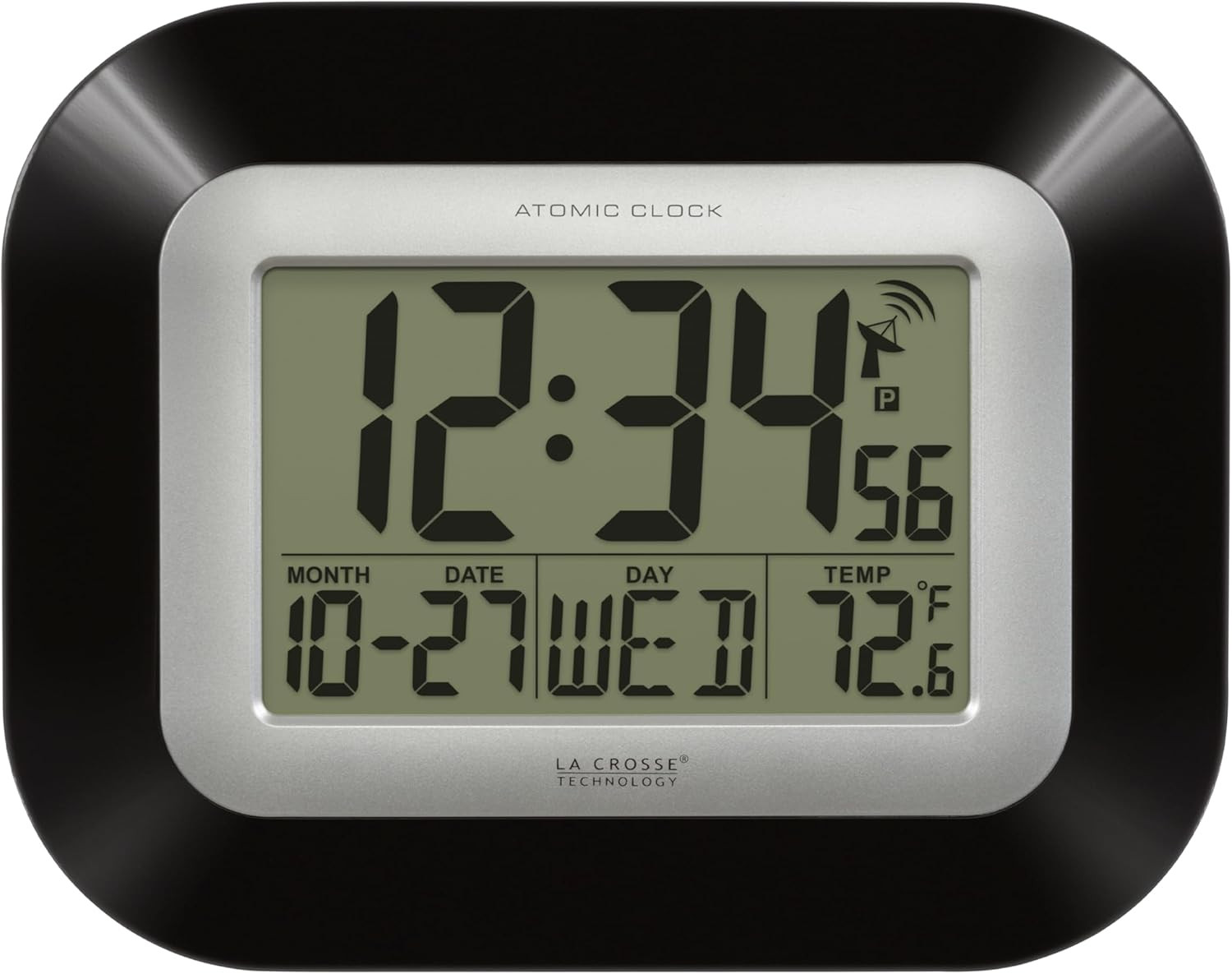 Atomic Digital Wall Clock with Indoor Temperature, Black, 12-Inch