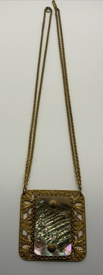 Vintage Miriam Haskell Brass & Abalone LARGE Pendant Double Chain Necklace RARE