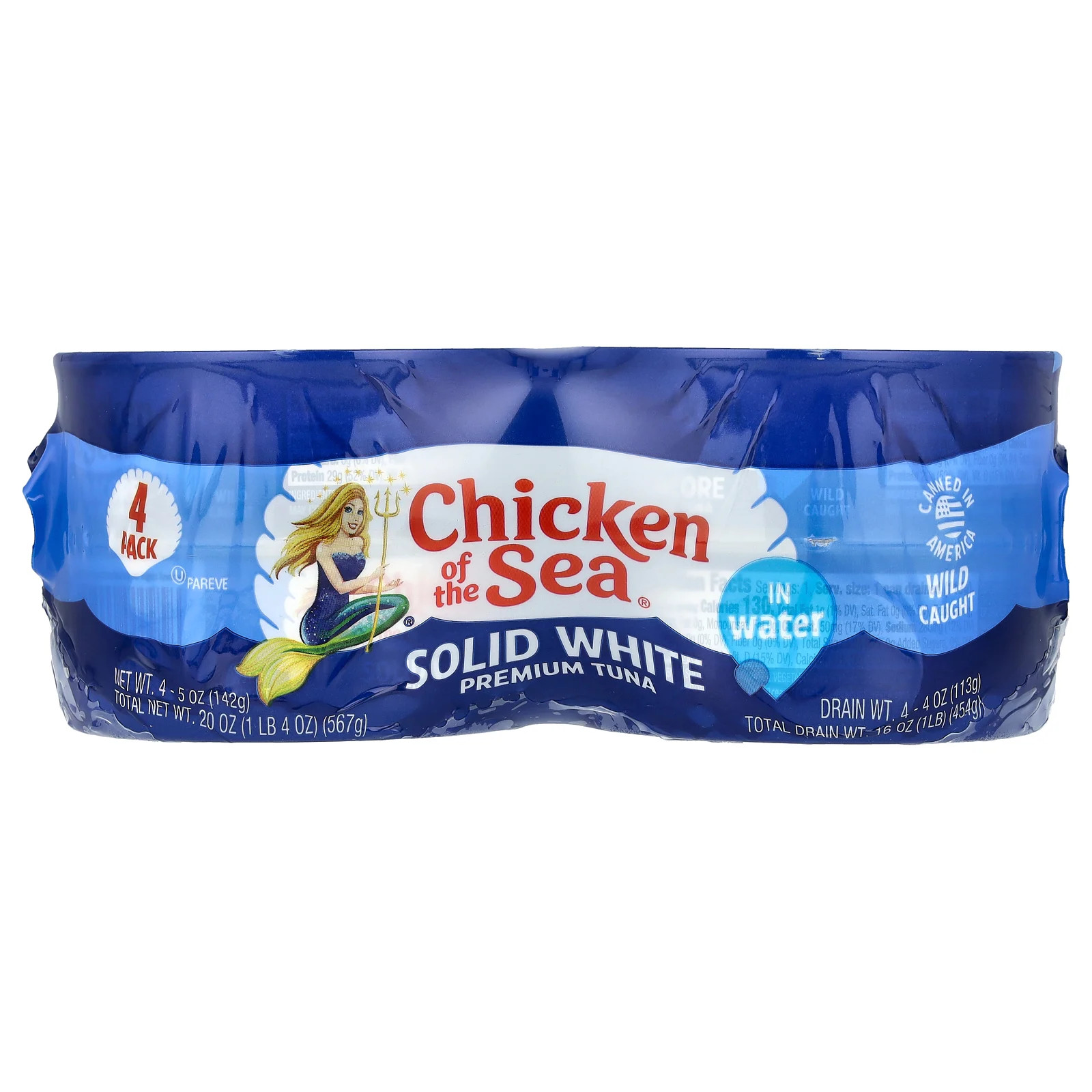 Пойманный в дикой природе Белый тунец Премиум-класса в воде, 4 упаковки, по 5 унций (142 г) каждая