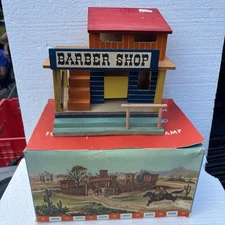 Vintage Hausser Elastolin Western Barber Shop Wood Building 1950s with Box