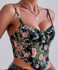 Floral vintage size - XS Corset Crop Rose Print Boned Bustier sweetheart neck .