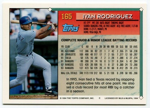 1994 Topps #165 Ivan Rodriguez Texas Rangers - Picture 2 of 2