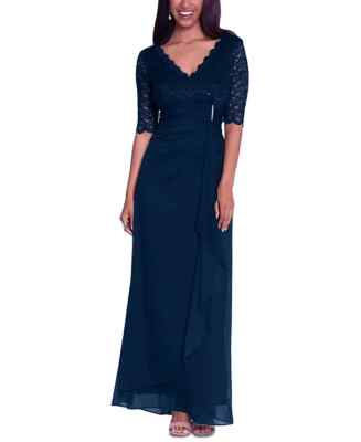 B&A by Betsy and Adam Womens Lace V-Neck Evening Dress Navy 6