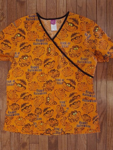 Disney Women Sz M Orange Trick or Treat Cheshire Cat Halloween Scrub Top - Picture 2 of 12
