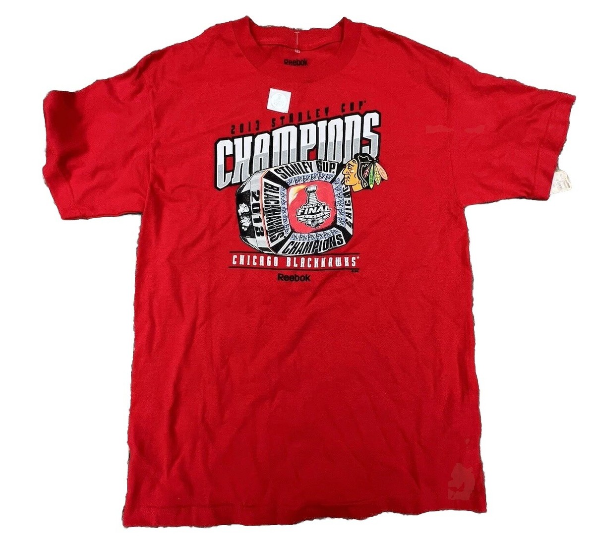 Reebok Chicago Blackhawks 2013 Stanley Cup Champions Ring T-Shirt Medium NWT