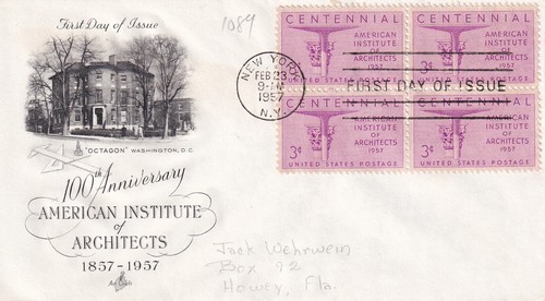 TIMBRE SCOTT 1089 "Institut Américain des Architectes" 3CENT 1957 BLOC DE 4 FDC - E